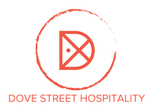 an orange circle with a letter D at the center, the D has two lines crossing the center of it resembling a road crossing. The text Dove Street Hospitality below the circle